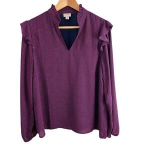 J. Crew Factory V Neck Ruffle Top Blouse Blue Red Women Size Medium